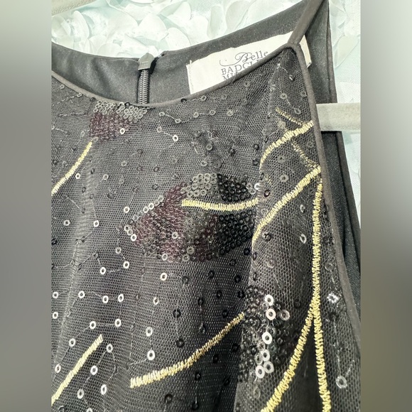 Belle Badgley Mischka Dress Gown 6 Black Embroidered Sequins Leaves Gold Formal - Picture 10 of 12